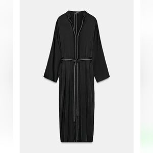 Zara Zw Collec Elegant Black Long Topstiching Tunic Dress Made Of Heavy Satin-M